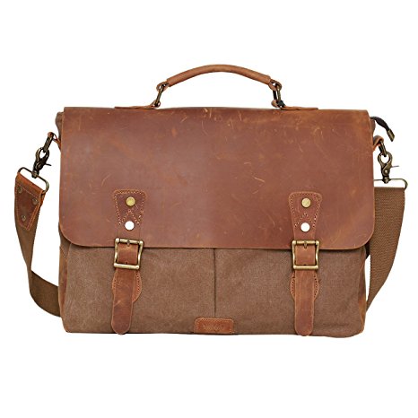 Satchel Messenger Bag for men Vintage Real Leather Canvas 15.6-inch Laptop messenger bag/ Briefcase 16"(L)x11"(H)x4"(W) (Coffee) WOWBOX