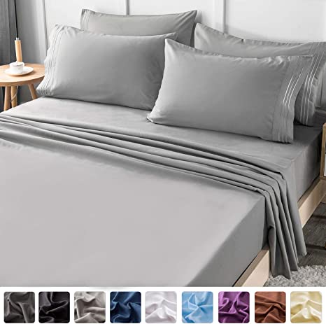 LIANLAM California King 6 Piece Bed Sheets Set - Super Soft Brushed Microfiber 1800 Thread Count - Breathable Luxury Egyptian Sheets Deep Pocket - Wrinkle and Hypoallergenic(Grey)