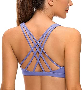 CRZ YOGA Strappy V Neck Sports Bras for Women - Criss Cross Back Wireless Padded Workout Yoga Bra