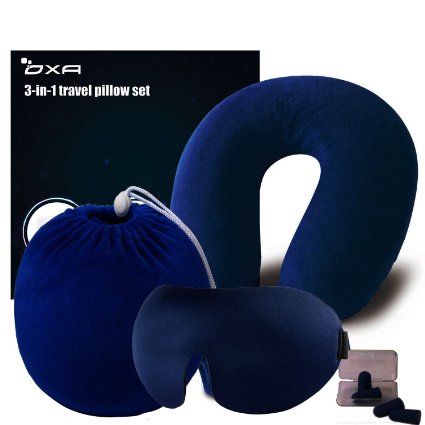 OXA Memory Foam Travel Neck Pillow Sets, 2 Pair of Earplugs,Sleep Mask and Carry Bag, Blue