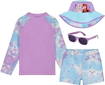 Disney Girls' Frozen & Minnie Mouse 4-Piece Kids Set, Long Sleeves Rash Guard, Swim Shorts, Glasses & Bucket Hat Ages 3-8