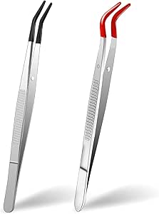 Anti-Static Tweezers, 2 PCS Metal Sticker Tweezers with Soft PVC Coated Tips Curved Angled Tweezers Non-slip Industrial Clip Tong Tools for Lab Jewelry Making Supplies DIY Crafting Stamp Coins