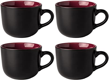 AmorArc 24 oz Large Coffee Mugs set of 4, Jumbo Soup Mugs with handles for Latte Hot Cocoa Tea Soup Cereal Snacks Noodle, Microwave&Dishwasher safe (Matte Black-Red)