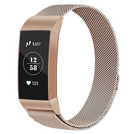 Vancle Bands Compatible with Fitbit Charge 3, Metal Replacement Bands Wristband Bracelet Straps with Magnetic Closure Clasp for Fitbit Charge 3 Fitness Activity Tracker Women Men Small Large Size