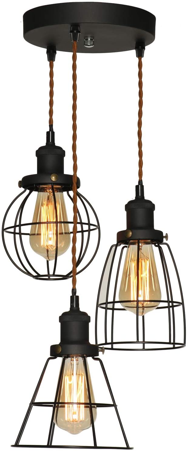 XIDING Industrial Antique Kitchen Island 3-Lights Metal Wire Cage Pendant Chandelier Lighting Fixtures，Vintage Black Farmhouse Hanging Light 3 Sockets with Black Metal Cages