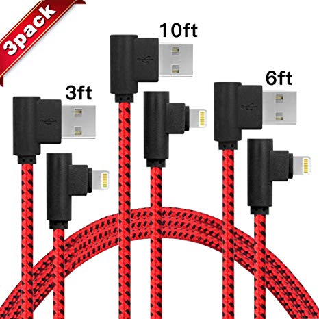 90 Degree Right Angle iPhone Charger 3 Pack(3/6 /10FT) Data Cable Nylon Braided Compatible with iPhone Xs/Max/XR/X / 8 Plus (Red Black)