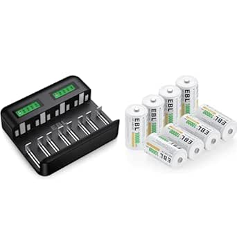 EBL LCD Rechargeable Battery Charger - 8 Bay AA AAA C D Battery Charger for Rechargeable Batteries Ni-MH AA AAA C D Batteries and EBL Pack of 8 10000mAh Ni-MH D Cells Rechargeable Batteries