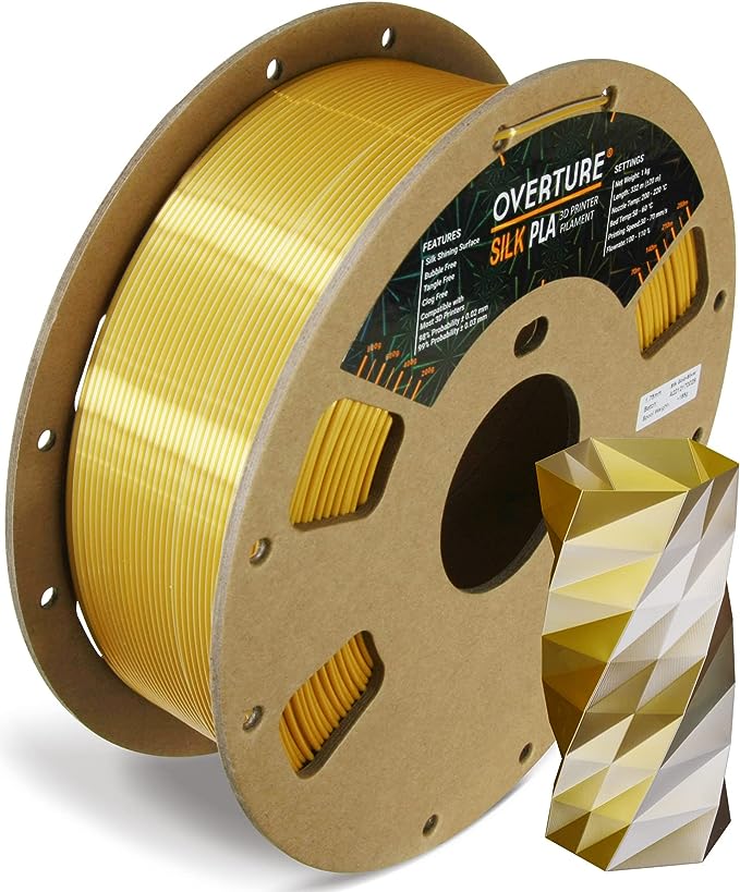 OVERTURE Silk Dual-Color PLA Filament PLA Silk 1.75mm Clog-Free Shiny 3D Printer Consumables,1kg Spool (2.2lbs),Dimensional Accuracy  /- 0.05mm (Silk Gold-Sliver)