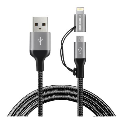 Turtle Brand Apple MFi Certified 2 in 1 Dual Connector Lightning to Micro USB Tangle-Free Charge/Sync Data Cable Cord for iPhone, iPad, iPod, Samsung - Black