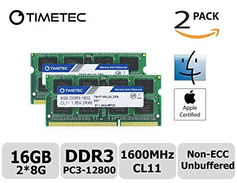 Timetec Team 16GB Kit (2x8GB) (PC3-12800) 1600MHz Non-ECC, Unbuffered, CL11, 2Rx8, 1.35V, SODIMM, 204-pin Dual Rank Laptop/Notebook Memory Module Upgrade