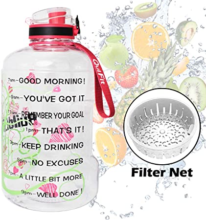 QuiFit Motivational Gallon Water Bottle with Time Marker & Strainer & Handle - 128/73/43 oz Leak-Proof BPA Free Infuser Water Bottle for Fitness Outdoor Sports Enthusiasts
