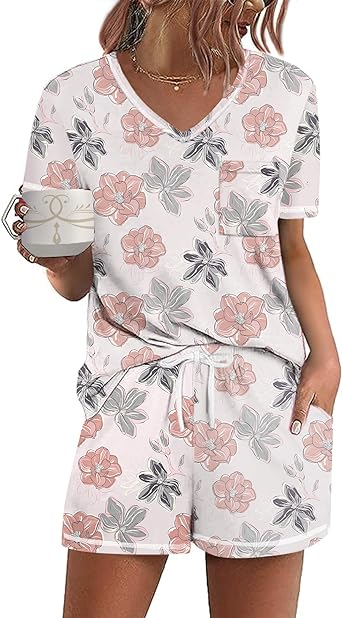 Ekouaer Women's Pajamas Sets Short Sleeve Lounge Sets Sleepwear Casual Two Piece Pjs with Pockets