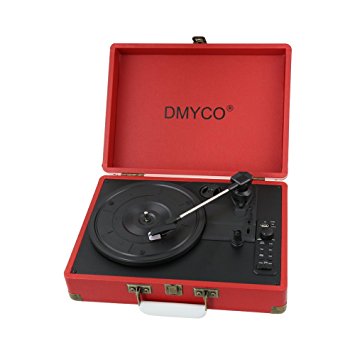 DMYCO 3-Speed Portable Stereo Turntable with Built in Speakers, USB Vinyl-To-MP3 Record Player, Support RCA outpout, Headphone Jack, Aux input (Red)