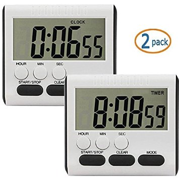 2 PACK EVELTEK Digital Kitchen Alarm Timer/Clock, Large LCD Display,Loud Sounding Alarm,Countdown or CountUp Cooking Timer,Black Key
