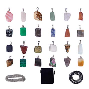 SUNNYCLUE 24pcs Irregular Shape Healing Gemstone Chakra Beads Pendants Crystal Stone Charms & 12pcs Imitation Leather Cord Necklace & 12pcs Cross Chains & Velvet Pouches for Necklace Jewelry Making