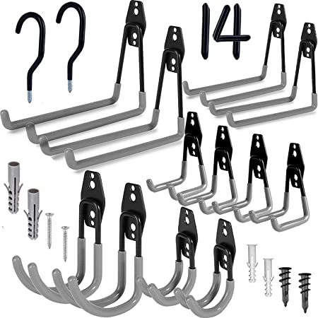 Garage Hooks, 14 Pack Wall Mount Utility Hooks Heavy Duty Steel Garage Storage Hooks Double Hangers with Bike Hooks for Organizing Ladders, Bicycle, Ropes, Power Tools, Garden Tools, Bulk Items