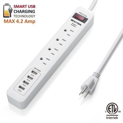Power Strip Bestten 4-Outlet 1875W 15A 900Joule Surge Protector with 4 USB Charging Ports (2.4A/Port, Total 4.2A), 9-foot Long Cord