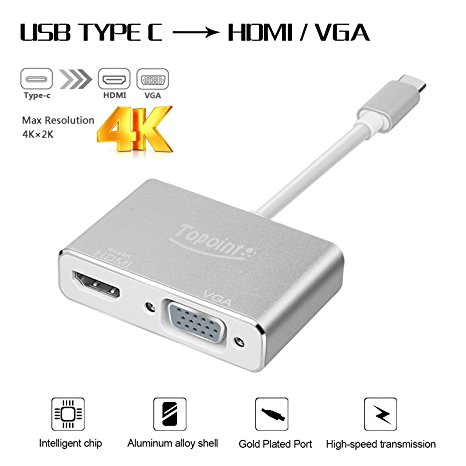 USB 3.1 Type C to HDMI VGA Adapter, Topoint (Thunderbolt 3 Compatible) USB C to HDMI(4Kx2K) VGA 2 in 1 Adaptor Cable Converter for Macbook/Chromebook Pixel/Microsoft Lumia 950XL