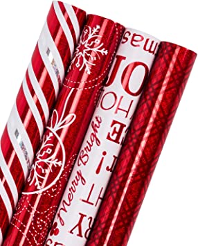 WRAPAHOLIC Christmas Wrapping Paper Roll - Red and White Christmas Design with Metallic Foil Shine - 4 Rolls - 30 inch X 120 inch Per Roll