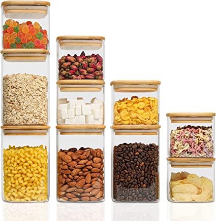 ComSaf Glass Food Storage Jars Set of 10（20 oz,37 oz）, Clear Storage Containers with Airtight Bamboo Lid, Pantry Organization Jar, Spice, Blooming Tea, Coffee and Sugar Container,