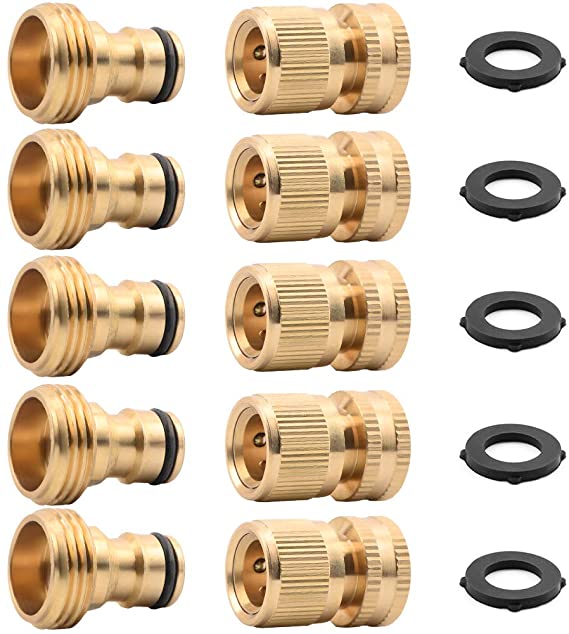 ADrivWell Garden Water Hose Quick Connectors 3/4 Inches Brass Easy Connect Hose Adapter(5 Sets of Male & Female Connector) with Extra Rubber Washers