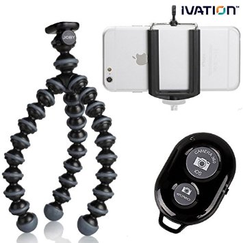 JOBY Gorillapod Flexible Compact Camera Tripod BlackCharcoal and Bluetooth Wireless Remote Control Camera With Shutter Release Self Timer for IOS and Android Cell Phones Includes Ivation Universal Mobile Tripod Mount and Adapter works with Most Smartphones