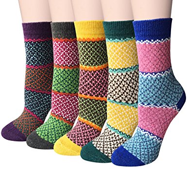 Pack of 5 Womens Winter Soft Warm Thick Knit Wool Vintage Casual Crew Socks