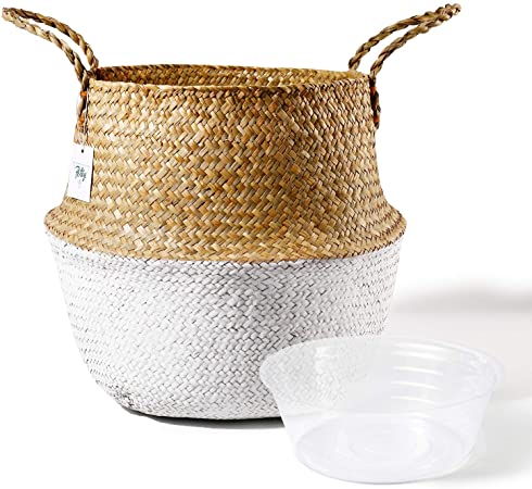 POTEY 710203 Seagrass Plant Basket - Hand Woven Belly Basket with Handles, Extra Large Storage Laundry, Picnic, Plant Pot Cover, Home Decor and Woven Straw Beach Bag (Extra Large, Original Whtie)