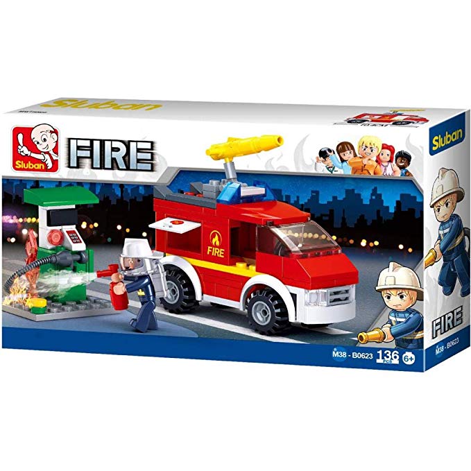 SlubanKids Fire Truck and Gas Station Building Blocks 136 Pcs Set Building Toy Fire Vehicle | Indoor Games for Kids
