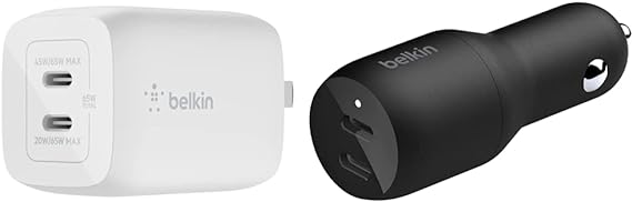 Belkin 65W Dual USB-C Wall Charger, Fast Charging Power Delivery 3.0, White & 36-Watt Dual-USB Car Charger