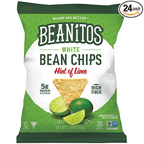 Beanitos Hint of Lime Bean Chips with Sea Salt Plant Based Protein Good Source Fiber Gluten Free Non-GMO Vegan Corn Free Tortilla Chip Snack 1.2 Ounce (Pack of 24)