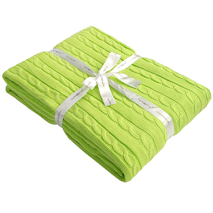 NTBAY 100% Cotton Cable Knit Throw Blanket Super Soft Warm Multi Color (51 x 67 inches, Light Green)