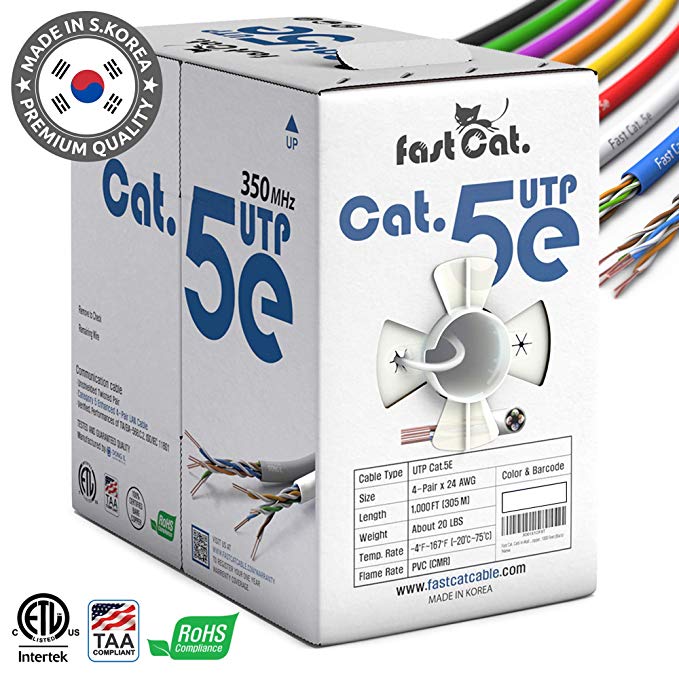 fastCat. Cat5e Ethernet Cable 1000ft - Insulated Bare Copper Wire Internet Cable with FastReel - 350MHZ / Gigabit Speed UTP LAN Cable - CMR (White)