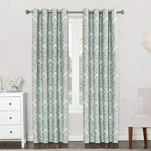 Sun Zero Caroline Woven Damask Blackout Lined Grommet Curtain Panel, 52" x 84", Aqua