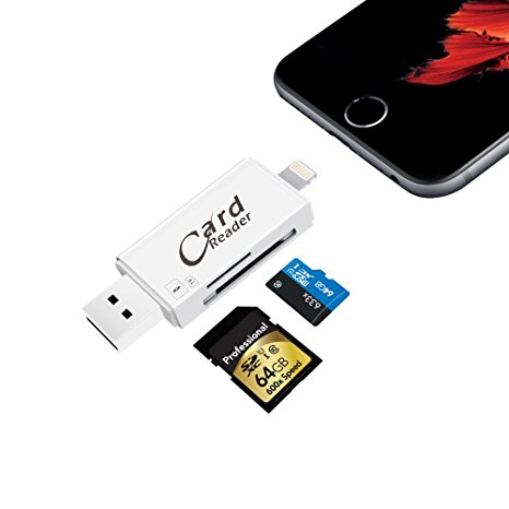 SD Card Reader with Lightning for iPhone & iPad, Trail Game Camera Card Viewer Reader with Lightning Micro USB Connector for iOS, Android, PC - Support iOS 10.3.1 & 128GB Memory Cards