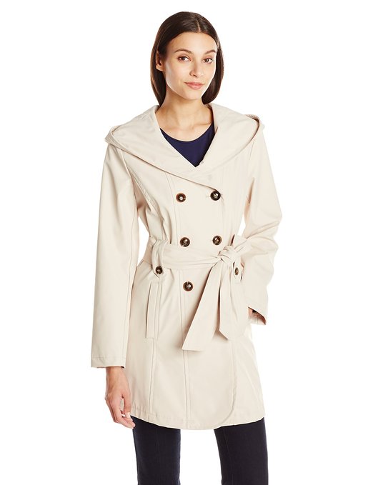 Larry Levine Women's Double Breasted Hooded Trench Coat