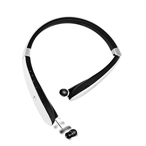 Bluetooth Headset, [Update Version] GRDE Wireless Bluetooth V4.1 Foldable & Retractable Neckband Headphones Wireless Stereo Earbuds for iPhone Samsung HTC Smartphones and More (White)