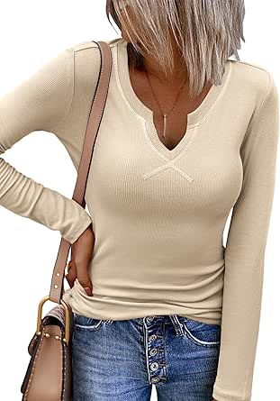 Zeagoo Womens Long Sleeve Shirts V-Neck Slim Fitted Knit Top Stretch Ribbed Basic Tee Casual Y2k Going Out T-Shirt