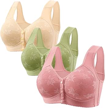 3Pc Daisy Bras for Older Women Front Closure Snap Bra Soft Comfy Bralette Support Bra Wireless Everyday Bras