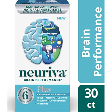 Fast-Acting Brain Supplement - NEURIVA Plus (30Count in a Bottle), Plus B6, B12 & Folic Acid, Supports 6 Indicators of Brain Performance: Focus, Memory, Learning, Accuracy, Concentration & Reasoning