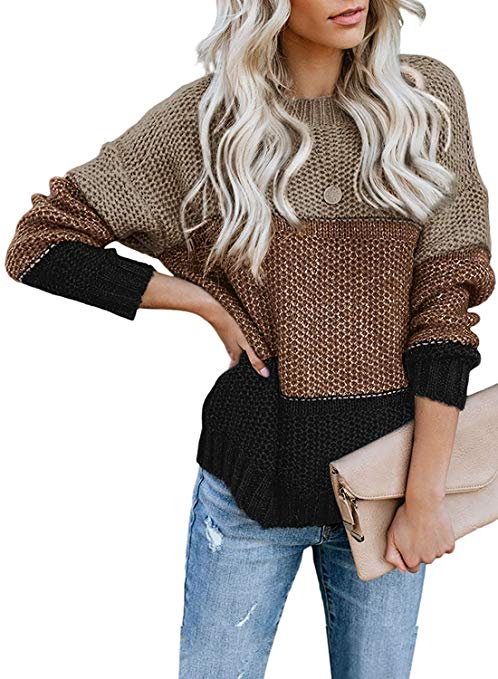 Tiksawon Womens Color Block Striped Oversized Crew Neck Sweaters Pullover Fashion Long Sleeve Loose Knitted Jumper Tops