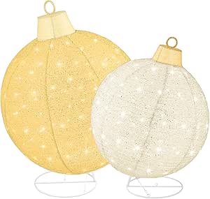 Best Choice Products 2pc Lighted Pop-Up Outdoor Christmas Ornament Set, Holiday Ball Decoration w/ 180 LED Lights, 8 Light Functions - Gold/White