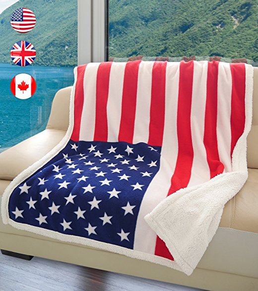 US Flag Patriotic Sherpa Throw Blanket, Super Cozy Fleece Plush Bed Throw TV Blankets Reversible for Bed or Couch 50" x 60" | Catalonia series by Terrania | USA Flag