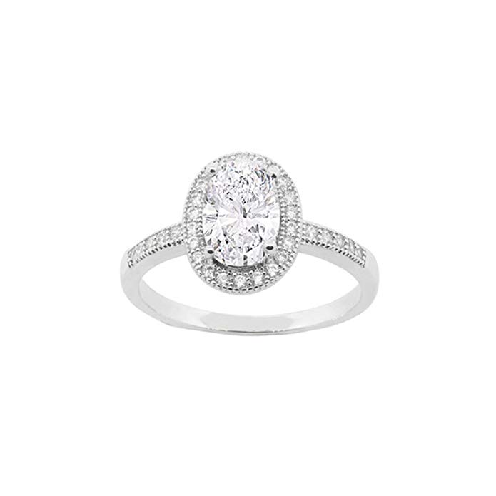 Cate and Chloe Blake 18k White Gold Plated Ring, CZ Oval Cut Unique Diamond Crystal Engagement Ring, Women's Beautiful Sparkle Halo Wedding Ring, 2018 Trendy Silver Sparkling Cluster Ring