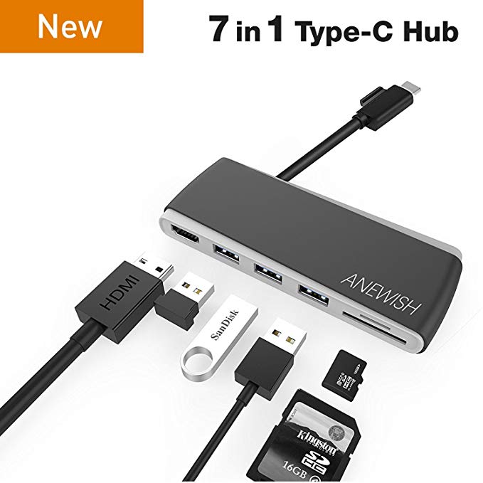 USB C Hub Anewish 7 in 1 USB C Adapter with 4K HDMI 3 USB 3.0 TF SD Slot Type C Charging Port for Mackbook/Macbook Pro 2017/2016/2015 Huawei MateBook Google Chromebook Pixel Samsung and More