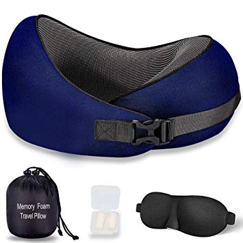 itkidboy Travel Pillow Memory Foam Neck Protective Pillow Comfortable & Breathable Cover Human Curve Design Adjustable (Blue)