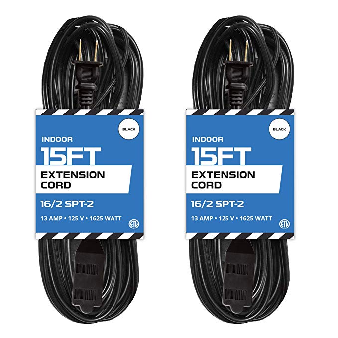 15 Ft Black Extension Cord 2 Pack - 16/2 Durable Electrical Cable