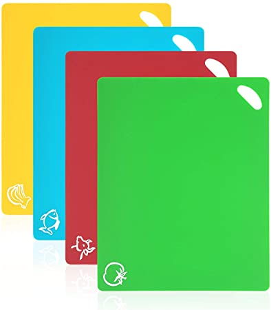 Vicloon Cutting Board Set, 4Pcs Flexible Kitchen Plastic Chopping Board with Food Icons, Dishwasher Safe Hanging Food Board Mat