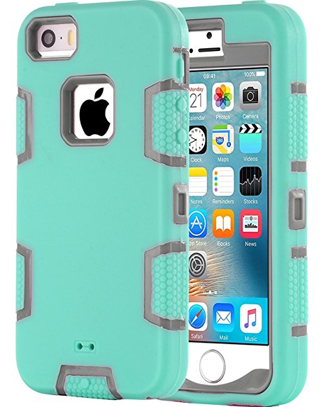 iPhone 5S Case,iPhone SE Case,BENTOBEN 3 IN 1[Silicone&PC] Bumper Hybrid Protective Dual Layer Shockproof Drop Resistance Cover for iPhone 5 5S SE,Green/Grey