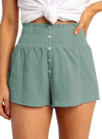 Dokotoo Womens Casual Summer Smocked Elastic Waist Comfy Button Detail Beach Shorts